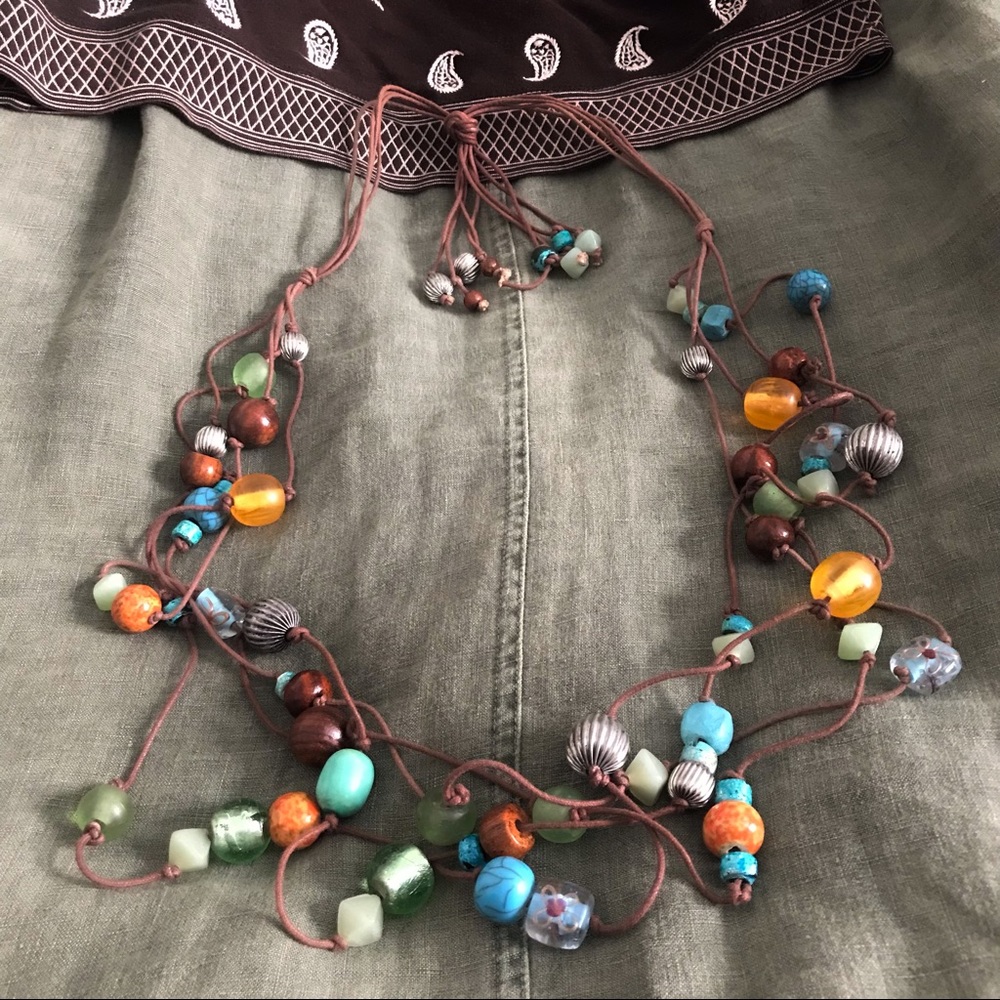 Beads Necklace Handcraft Leather Glass Wood